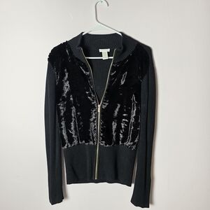 Cache Black Ribbed Zip-Front Sweater with Velvet Faux Fur Panel – Size M